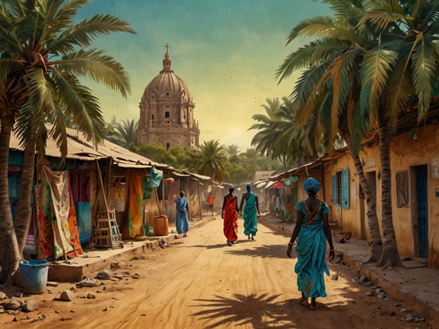 Auf dem Bild ist eine Szene aus einem Senegalese Markt oder Dorf zu sehen. Die Straße ist von Palmen gesäumt und wird von lokalen Frauen in bunten traditionellen Kleidern entlang gegangen. Im Hintergrund erhebt sich eine markante Kuppel, möglicherweise eine Kirche oder ein historisches Gebäude, was auf die kulturelle Vielfalt des Landes hinweist. Die bunten Stoffe und Marktstände verleihen dem Bild eine lebendige Atmosphäre, die typisch für die geschäftigen und dynamischen Märkte im Senegal ist. 

Senegal ist bekannt für seine reiche Kultur, freundlichen Menschen und atemberaubende Landschaften, die von Küstenlinien bis zu Wüstenregionen reichen. Die Verschmelzung von Tradition und Moderne ist ein zentrales Merkmal der senegalesischen Identität.