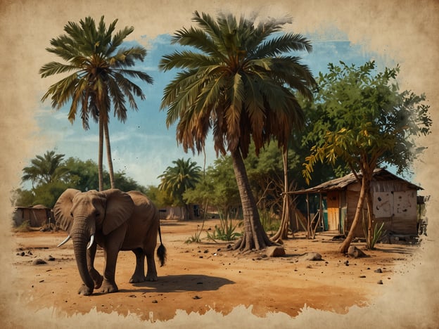 Auf dem Bild ist ein Elefant zu sehen, der in einer ländlichen Umgebung steht. Im Hintergrund sind Palmen und einige einfache hutartige Bauwerke erkennbar, die auf die tropische Landschaft Gambias hinweisen. Diese Atmosphäre spiegelt die natürliche Schönheit und die Tierwelt der Region wider, die für ihre abwechslungsreiche Flora und Fauna bekannt ist. Gambia ist zudem von einer reichen kulturellen Vielfalt geprägt, und die Landwirtschaft sowie die Tierhaltung sind wichtige Bestandteile des Lebens der Menschen dort.