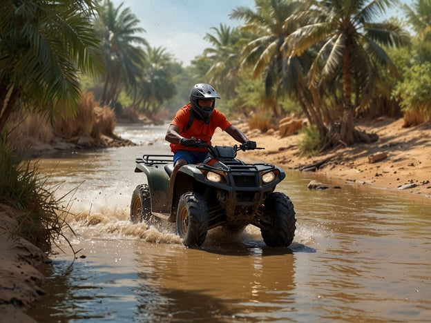 Auf dem Bild ist ein abenteuerlicher Fahrer zu sehen, der mit einem Quad durch einen flachen Wasserlauf fährt. Umgeben von tropischen Palmen und einer natürlichen Landschaft genießt er spannende Aktivitäten in der Natur. Diese Art von Outdoor-Abenteuer bietet viel Action und erfordert Geschicklichkeit und Mut. Das Fahren durch das Wasser sorgt für zusätzlichen Nervenkitzel und macht das Erlebnis unvergesslich.