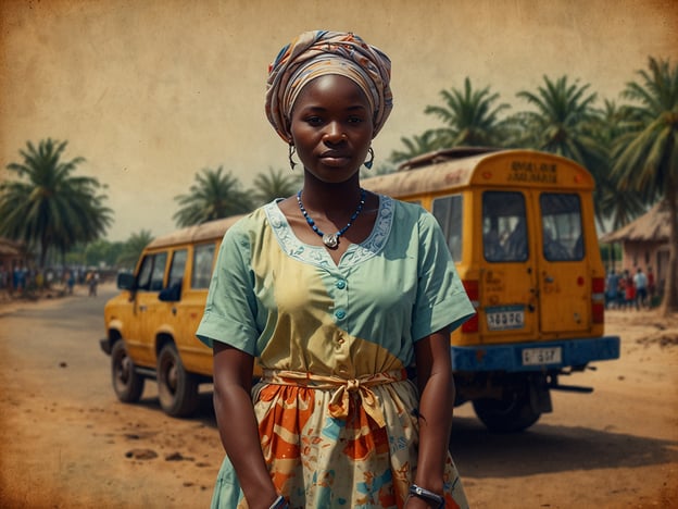 Das Bild zeigt eine Frau in traditioneller Kleidung vor einem gelben Fahrzeug, umgeben von einer lebhaften Umgebung mit Palmen und einem ländlichen Ambiente. 

Wenn du nach Gambia reist, hier sind einige Tipps:

1. **Kulturelle Erfahrungen**: Besuche lokale Märkte, um die Kultur und das Leben der Menschen hautnah zu erleben. Die bunten Stände und das geschäftige Treiben bieten viele Fotomöglichkeiten.

2. **Natur erkunden**: Gambia hat eine reiche Tierwelt. Plane einen Besuch im Abuko Nature Reserve, wo du Vögel und andere Tiere beobachten kannst.

3. **Traditionelles Essen**: Probiere gambische Gerichte wie Benachin (Reis mit Fisch) oder Domoda (Erdnusssoße). Straßenstände bieten authentische kulinarische Erlebnisse.

4. **Freundliche Einheimische**: Die Menschen in Gambia sind bekannt für ihre Gastfreundschaft. Scheue dich nicht, mit Einheimischen zu sprechen und mehr über ihre Traditionen zu lernen.

5. **Halaal Reisen**: Beachte, dass Gambia ein muslimisches Land ist, und viele Restaurants verfügen über Halaal-Speisen, die du ausprobieren kannst.