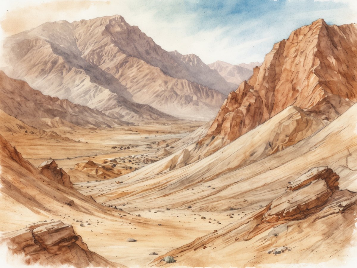 Eine beeindruckende Landschaft im Death Valley Nationalpark mit weiten, sandigen Tälern und schroffen Gebirgen. Die sanft geschwungenen Hügel und steilen Felswände sind in erdigen Tönen gehalten, während der Himmel in sanften Blautönen leuchtet. Die Szenerie vermittelt ein Gefühl von Weite und Abgeschiedenheit, unterstrichen durch die karge Schönheit der Natur in dieser extremen Umgebung.