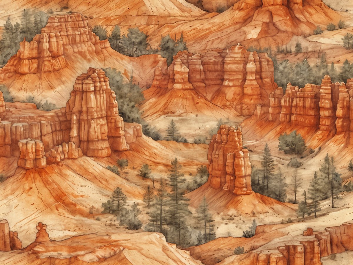 Felsenformationen im Bryce Canyon Nationalpark, die wie aus einer anderen Welt erscheinen. Die Landschaft zeigt eine Vielzahl an rot-orangefarbenen Türmen und steilen Klippen, umgeben von vereinzelten grünen Kiefern. Die geologische Struktur ist markant und vermittelt ein Gefühl von Weite und Unberührtheit in dieser einzigartigen Naturkulisse.