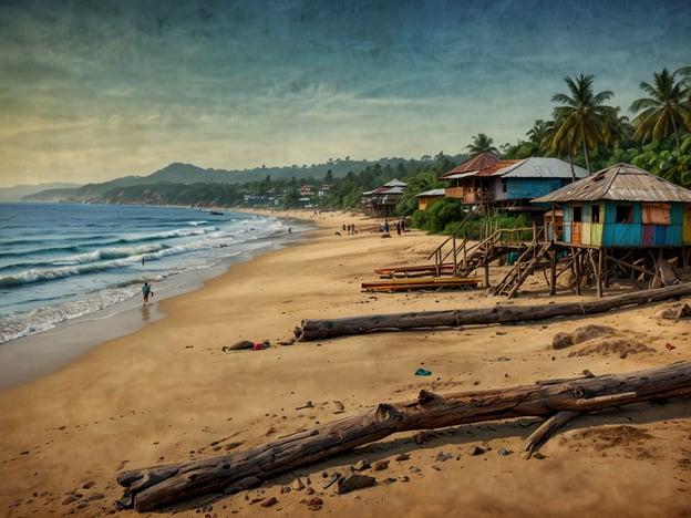 Auf dem Bild ist ein malerischer Strand in Sierra Leone zu sehen. Die Küste ist gesäumt von sanften Wellen, die an den goldenen Sandstrand schlagen. Im Hintergrund erkennt man einfache Holzhäuser, die auf Stelzen errichtet sind, sowie Palmen, die für eine tropische Atmosphäre sorgen. Einige Menschen sind am Strand unterwegs, was auf eine lebendige und entspannte Strandkultur hinweist. Sierra Leone ist bekannt für seine schönen Strände und die natürliche Schönheit der Landschaft.