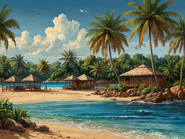 Auf dem Bild sind traumhafte Strände von Sierra Leone zu sehen. Es zeigt eine malerische Küstenlandschaft mit feinem Sand, Palmen und entspannenden Strandhütten. Das klare, türkisblaue Wasser reflektiert den Himmel, während einige Wolken und Vögel die friedliche Atmosphäre abrunden. Ideal für einen Urlaub in der Natur!