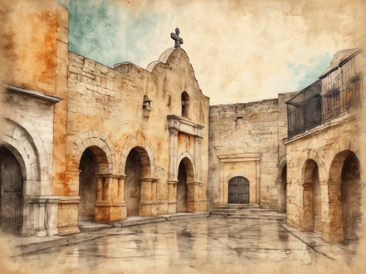 Das Bild zeigt eine historische Ansicht des Alamo in San Antonio. Der Innenhof ist umgeben von alten, mit Steinmauern und Bögen versehenen Gebäuden. Ein großes, gewölbtes Tor befindet sich in der Mitte der rechten Wand, während auf der linken Seite ein dunkles Holztor zu sehen ist. Im Hintergrund hebt sich eine kleine Kreuzstruktur über dem Hauptgebäude ab. Die Wände sind in warmen, erdigen Farbtönen gehalten und vermitteln ein Gefühl von Alter und Geschichte, während der Boden leicht nass aussieht, was auf kürzlichen Regen hindeutet. Der Himmel ist hell mit zarten Blautönen und Wolken.