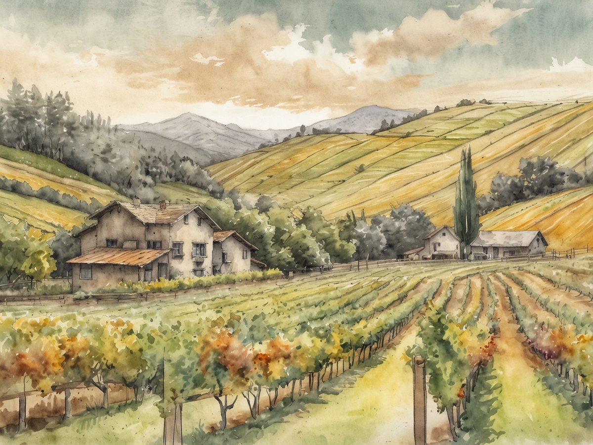 Eine malerische Landschaft im Napa Valley mit sanften Hügeln, die in verschiedenen Grüntönen erstrahlen. Weinfelder erstrecken sich über die Landschaft, während einige Traubenreben in orange- und goldenen Farbtönen leuchten. Im Vordergrund stehen gleichmäßig angeordnete Weinreben und im Hintergrund sind charmante, rustikale Häuser zu sehen, umgeben von Bäumen und sanften Bergen. Der Himmel ist in sanften Farben gehalten und vermittelt eine friedliche Atmosphäre, ideal für Weinproben und idyllische Landschaften.