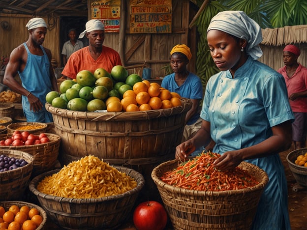 Auf dem Bild ist ein lebhafter Markt in Liberia zu sehen, der die gastronomische Vielfalt des Landes widerspiegelt. Es gibt zahlreiche Körbe mit frischem Obst und Gemüse, darunter grüne Mangos, Orangen, Äpfel und Karotten. Eine Frau in einem blauen Kochanzug beschäftigt sich mit der Verarbeitung von Lebensmitteln, während andere Marktbeschicker im Hintergrund beschäftigt sind. Diese Szenerie zeigt die reiche kulinarische Kultur Liberias, die von frischen, lokal angebauten Zutaten geprägt ist und die Bedeutung des Marktes für die Gemeinschaft hervorhebt.