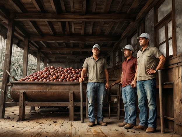 Auf dem Bild sind drei Männer zu sehen, die anscheinend in einem landwirtschaftlichen Umfeld arbeiten. Im Hintergrund sind viele Früchte, wahrscheinlich ein Produkt ihrer Arbeit, zu sehen. Diese Darstellung könnte verschiedene Aspekte der wirtschaftlichen Entwicklung und Herausforderungen in der Landwirtschaft thematisieren.

Die wirtschaftliche Entwicklung in ländlichen Gebieten kann durch die Produktion und den Vertrieb landwirtschaftlicher Produkte vorangetrieben werden. Allerdings stehen Landwirte oft vor Herausforderungen wie Marktzugang, Preisvolatilität und klimatischen Veränderungen, die ihre Erträge beeinflussen können. Zudem ist der Zugang zu Technologien und finanziellen Ressourcen entscheidend, um produktiver zu werden und die Wertschöpfung zu steigern. 

Insgesamt spiegelt das Bild die menschliche Arbeit und die Herausforderungen wider, die mit der wirtschaftlichen Entwicklung in der Landwirtschaft verbunden sind.