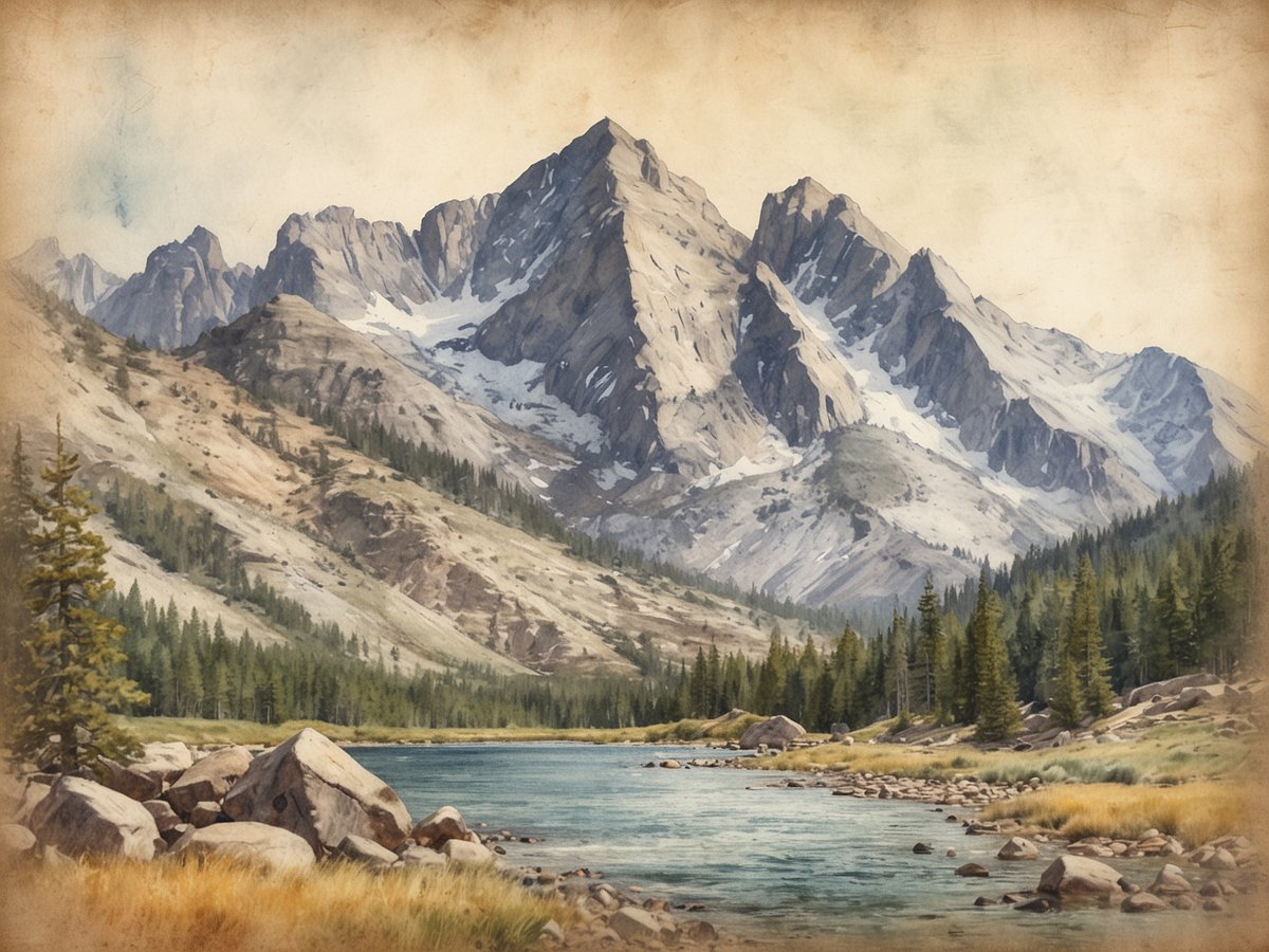 Majestätische Gipfel des Rocky Mountain Nationalparks dominieren die Landschaft, umgeben von grünen Nadelbäumen und sanften Hängen. Ein klarer Fluss schlängelt sich durch das Bild und spiegelt die beeindruckenden Berge wider. Großflächige Felsen und Wiesen am Ufer ergänzen die natürliche Schönheit der Umgebung. Die gesamte Szenerie strahlt eine friedliche und abenteuerliche Atmosphäre aus, die zum Erforschen der Wildnis einlädt.
