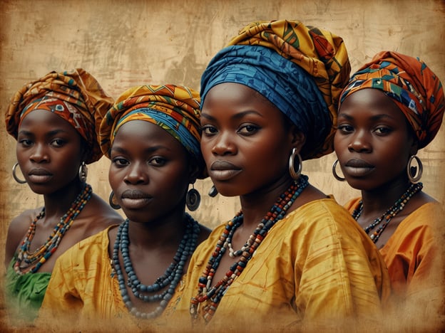 Auf dem Bild sind vier Frauen mit traditioneller ghanaischer Kleidung zu sehen. Sie tragen bunte Kopftücher und ausdrucksvoller Schmuck, was typisch für viele Kulturgruppen in Ghana ist. Diese Vielfalt der Kleiderstile und Muster spiegelt die unterschiedlichen ethnischen Gruppen und Traditionen des Landes wider, wie beispielsweise die Akan, Ewe und Dagbani. Ihre starken, stolzen Ausdrücke und das Zusammenspiel der Farben vermitteln ein Gefühl von Gemeinschaft und kulturellem Erbe.