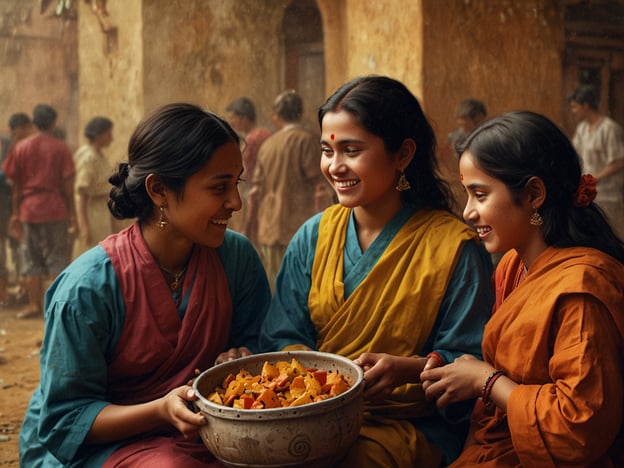 Auf dem Bild sind drei Frauen zu sehen, die fröhlich zusammen sitzen und einen großen Behälter mit bunten Zutaten halten. Sie tragen traditionelle, farbenfrohe Kleidung und scheinen in einer lebhaften Umgebung zu sein, in der man andere Menschen im Hintergrund sieht. Die Atmosphäre wirkt freundlich und einladend, was die berühmte Gastfreundschaft suggeriert. Die Frauen scheinen miteinander zu kommunizieren und teilen einen freudigen Moment, vielleicht im Rahmen eines Festes oder einer Feier, die oft mit köstlichem Essen verbunden ist.