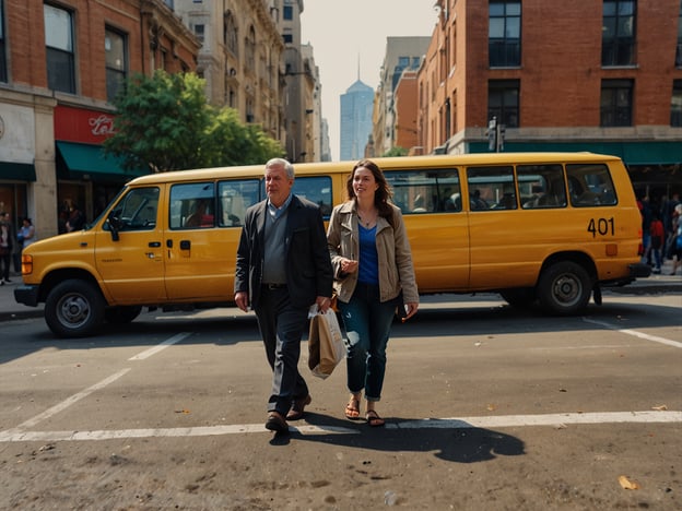 Auf dem Bild sieht man zwei Personen, die eine Straße überqueren, während ein gelber Bus im Hintergrund steht. Dieses Szenario könnte in einer belebten Stadt wie New York City stattfinden, wo gelbe Taxis und Busse ein vertrauter Anblick sind.

**Reisetipps und Empfehlungen:**

1. **Stadtviertel erkunden**: Wenn du in einer Stadt wie New York bist, besuche verschiedene Stadtteile wie Manhattan, Brooklyn oder SoHo. Jedes Viertel hat seinen eigenen Charme und einzigartige Attraktionen.

2. **Öffentliche Verkehrsmittel nutzen**: Nutze die U-Bahn oder Busse, um dich schnell und kostengünstig fortzubewegen. Die gelben Taxis sind eine gute Option, aber prüfe auch die Verfügbarkeit von Ridesharing-Diensten.

3. **Essen probieren**: Halte an kleinen Straßenständen oder in Restaurants an, um lokale Spezialitäten zu kosten. Besuche Food Markets, wo du die Vielfalt der Küche erleben kannst.

4. **Sehenswürdigkeiten**: Plane Besuche zu wichtigen Sehenswürdigkeiten wie Central Park, der Freiheitsstatue oder dem Times Square ein. Frühzeitiges Besuchen hilft, Menschenmassen zu vermeiden.

5. **Spaziergänge**: Mache einen Spaziergang durch die Straßen. Oft entdeckt man versteckte Juwelen – kleine Geschäfte, Straßenkunst und gemütliche Cafés.

6. **Sicherheit im Straßenverkehr**: Achte beim Überqueren der Straßen immer darauf, dass die Fahrzeuge halten. In großen Städten kann der Verkehr sehr hektisch sein.

Genieße das urbane Abenteuer und lass dich von der Atmosphäre der Stadt inspirieren!