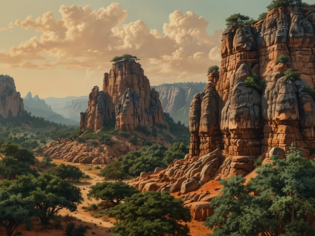 Das Bild zeigt eine beeindruckende Landschaft mit majestätischen Felsen, die hoch aus der Erde ragen, umgeben von üppigem Grün und Sträuchern. Der Himmel ist mit sanften, flauschigen Wolken geschmückt, was der Szenerie eine friedliche Atmosphäre verleiht. Diese natürliche Schönheit lädt dazu ein, die Wunder der Landschaft zu entdecken und die beeindruckende Geologie der Region zu bewundern. Die Kombination aus Felsformationen und grünem Bewuchs schafft ein harmonisches Bild der Natur.