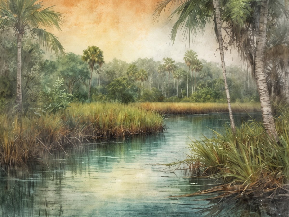 Eine ruhige Wasserfläche im Everglades Nationalpark spiegelt die Farben des Himmels wider. Umgeben von üppigem Grün und hohen Gräsern, ragen majestätische Palmen und Bäume am Ufer empor. Der Sonnenuntergang taucht die Szene in warme, orangefarbene Töne und schafft eine friedliche Atmosphäre, die die einzigartige Tierwelt des Sumpfes verkörpert.