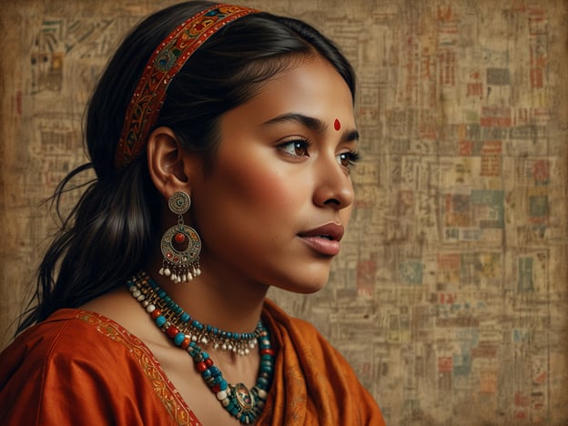 Auf dem Bild ist eine Person zu sehen, die traditionelle indische Kultur und Ästhetik symbolisiert. Sie trägt ein elegantes orangefarbenes Kleid, das wahrscheinlich auf regionalen Modetraditionen basiert. Die Kopfbedeckung und die Schmuckstücke, wie die auffälligen Ohrringe und die Halsketten, sind ebenfalls typische Elemente der indischen Tracht.

Das rote Bindi auf der Stirn hat sowohl kulturelle als auch religiöse Bedeutung und wird oft von Frauen getragen. Es wird häufig als Zeichen der Ehe oder als Schutzsymbol angesehen. Die Verwendung von bunten Perlen und Metallen in ihrem Schmuck spiegelt die reiche Handwerkskunst und die Vielfalt der indischen Traditionen wider.

Der Hintergrund des Bildes scheint historische oder kulturelle Elemente anzudeuten, was das Gefühl einer tief verwurzelten kulturellen Identität verstärkt. Solche Darstellungen zelebrieren die Schönheit und Vielfalt der indischen Kultur und weisen auf die Bedeutung von Traditionen in der heutigen Gesellschaft hin.