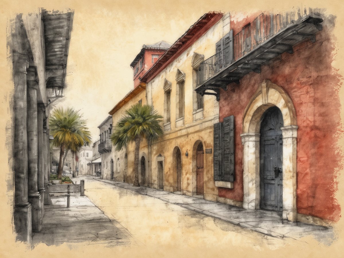 Eine malerische Straßenansicht in St. Augustine, der ältesten Stadt der USA, zeigt historische Gebäude mit kolonialem Charme. Die Straße ist gesäumt von gelben und roten Fassaden, großen Holztüren und nach außen geöffneten Fensterläden. Palmen fügen sich harmonisch in die Szenerie ein. Auf der linken Seite ist ein schattiger Gehweg mit einer Holzbank zu sehen, während die Kopfsteinpflasterstraße sanft in die Ferne verläuft und den Blick auf weitere architektonische Details ermöglicht. Der Hintergrund hat einen sanften, nostalgischen Ton, der die historische Atmosphäre unterstreicht.