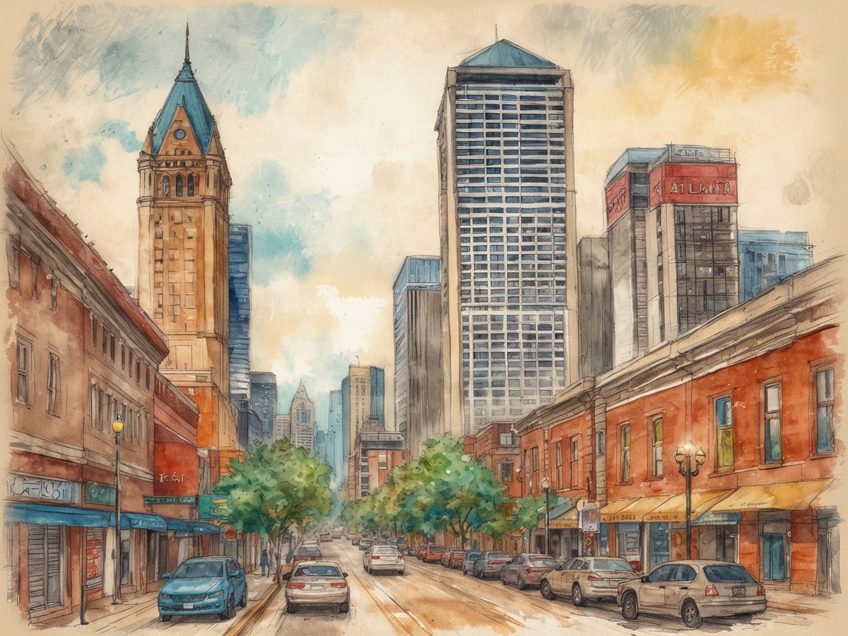 Die illustration zeigt eine Straßenansicht einer Stadt mit einer Mischung aus historischen und modernen Gebäuden. Auf der linken Seite sind charmante, niedrigere, rot-braune Gebäude zu sehen, während auf der rechten Seite hohe, moderne Wolkenkratzer das Stadtbild prägen. In der Mitte der Straße stehen einige Autos, und es sind grüne Bäume zu erkennen, die für eine angenehme Atmosphäre sorgen. Der Himmel ist in sanften Blau- und Beigetönen gehalten. Die Szene vermittelt das Gefühl einer lebendigen, urbanen Umgebung mit einem harmonischen Zusammenspiel von Geschichte und zeitgenössischer Kultur.