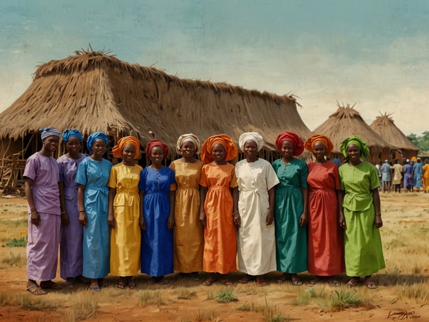 Auf dem Bild sind mehrere Frauen in bunten Kleidern und Kopfbedeckungen zu sehen. Sie stehen gemeinsam vor traditionellen Lehmhütten, die typisch für ländliche Gebiete in Nigeria sind. Die Vielfalt der Farben in ihrer Bekleidung könnte auf eine Feier oder ein besonderes Ereignis hinweisen, das Gemeinschaft und Kultur hervorhebt. Die Umgebung wirkt ländlich und naturalistisch, was auf den Lebensstil in vielen Teilen Nigerias schließen lässt.