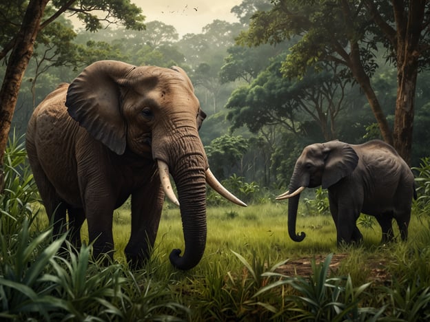 In Gabun, einem Land mit reicher Tierwelt und dichten Regenwäldern, sind auf dem Bild zwei Elefanten zu sehen, die in einer grünen, bewaldeten Umgebung stehen. Der größere Elefant hat markante Stoßzähne und ist in einer friedlichen Pose abgebildet, während der kleinere Elefant neben ihm steht. Diese Szenerie spiegelt die natürliche Schönheit und die Artenvielfalt Gabuns wider, das für seine beeindruckende Flora und Fauna bekannt ist.