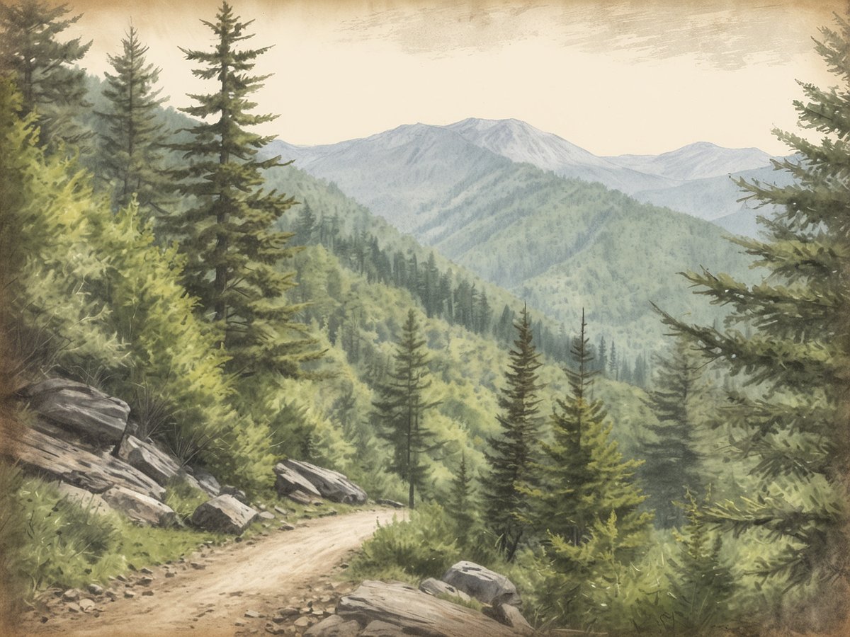 Eine sanfte Wanderstraße windet sich durch dichte Wälder im Smoky Mountains Nationalpark. Hohe, grüne Tannenbäume umrahmen den Weg, während im Hintergrund die sanften Hügel und Berge zu sehen sind. Der Himmel ist hell und klar, während sich die Landschaft in verschiedenen Grüntönen erstreckt und kleine Steine und Felsen den Weg säumen. Die friedliche Atmosphäre lädt zu Erkundungen und Naturgenuss ein.