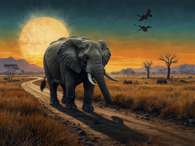 Auf dem Bild ist ein Elefant zu sehen, der auf einem offenen Weg in einer afrikanischen Savanne steht, umgeben von Grasland und wenigen Bäumen. Im Hintergrund geht die Sonne auf, was eine eindrucksvolle und ruhige Kulisse schafft.

Diese Szene erinnert uns an die Herausforderungen, vor denen die Natur und der Naturschutz stehen. Elefanten sind in vielen Regionen gefährdet, hauptsächlich durch Habitatverlust, Wilderei und den illegalen Handel mit Elfenbein. Die Zerstörung ihres Lebensraums durch menschliche Aktivitäten hat dramatische Auswirkungen auf die gesamte Biodiversität der Savanne. 

Es ist wichtig, Maßnahmen zu ergreifen, um solche Lebensräume zu schützen und nachhaltige Praktiken zu fördern. Die Erhaltung der natürlichen Lebensräume und die Schaffung von Schutzgebieten sind entscheidend, um den Fortbestand dieser majestätischen Tiere und ihrer Umgebung zu sichern.