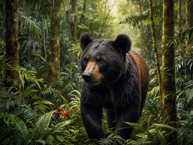 Auf dem Bild ist ein Bär zu sehen, der durch einen dichten, grünen Wald läuft. Um ihn herum wachsen zahlreiche Pflanzen, und die Szenerie wirkt sehr naturbelassen und tropisch. Solche Landschaften sind typisch für viele Regenwälder, darunter auch die Regionen im Kongo, die für ihre reiche Flora und Fauna bekannt sind. Dort leben verschiedene Tierarten in einem einzigartigen Ökosystem, das durch dichte Wälder und vielfältige Pflanzenwelt geprägt ist.