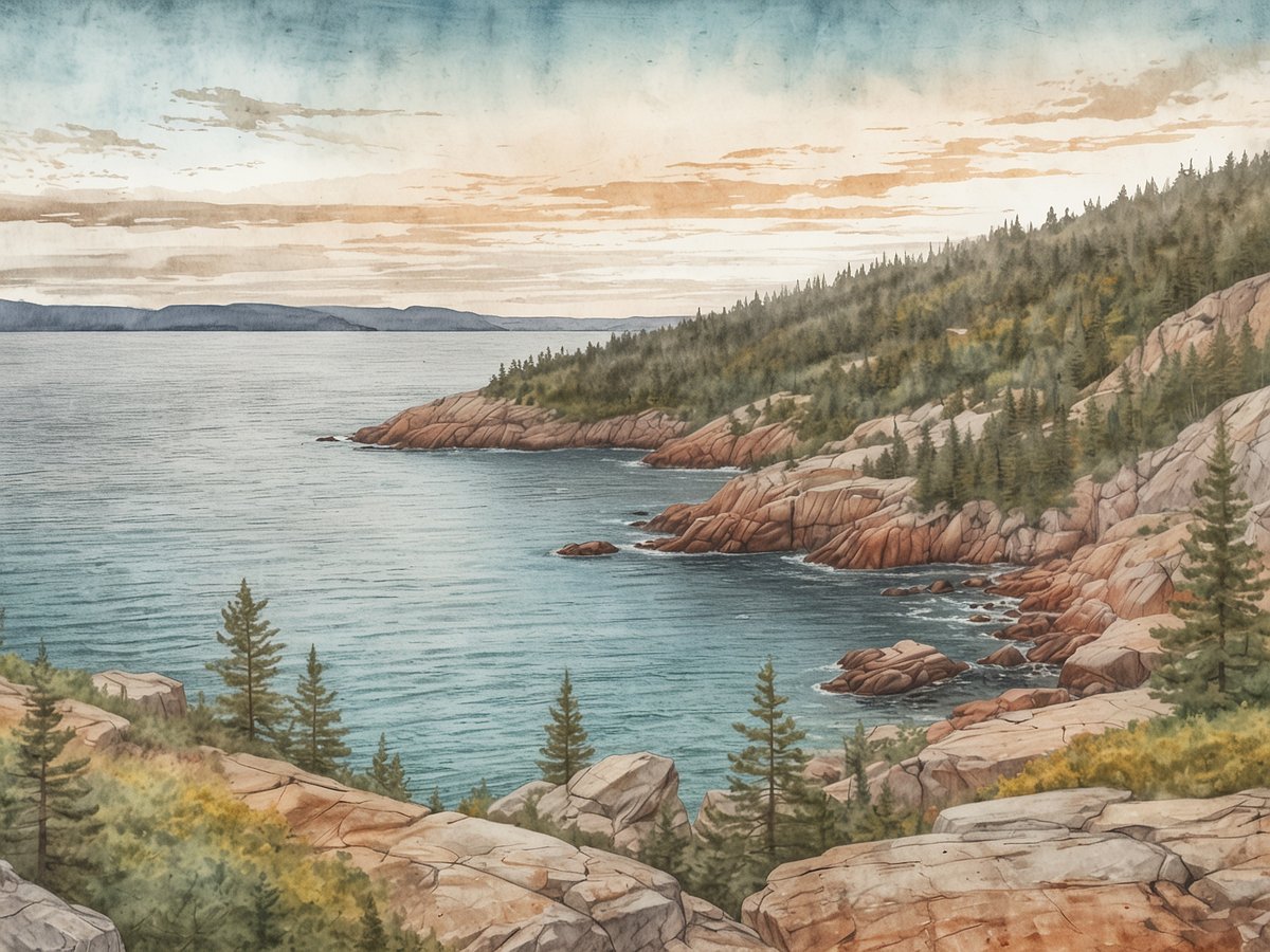 Die Küstenlandschaften des Acadia Nationalparks zeigen sanfte, felsige Ufer, die sich majestätisch ins glitzernde Wasser erstrecken. Dichte Wälder mit grünen Tannen und Nadelbäumen prägen die hügelige Umgebung, während der Himmel in sanften Farben von Blau und Orange gefärbt ist. Kleine Felsen ragen aus dem Wasser hervor und fügen sich harmonisch in die natürliche Szenerie ein. Der Anblick vermittelt eine ruhige und unberührte Schönheit der Natur.