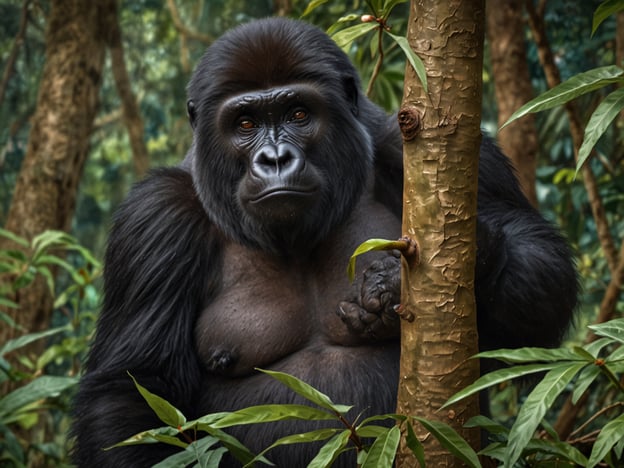 Auf dem Bild ist ein Gorilla zu sehen, der in einem dichten, grünen Wald steht, typischerweise für die Tier- und Pflanzenwelt im Kongo. Die Region ist bekannt für ihre vielfältige Flora und Fauna, darunter auch mehrere Eibenarten und andere tropische Pflanzen. Gorillas sind beeindruckende Menschenaffen, die in den dichten Wäldern des Kongos leben, wo sie von Früchten, Blättern und Pflanzenknospen leben. Die Erhaltung ihres Lebensraums ist entscheidend für den Schutz dieser majestätischen Tiere und die Biodiversität des Ökosystems im Kongo.