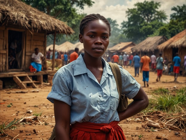 Auf dem Bild ist eine junge Frau in einem ländlichen Dorf in der Demokratischen Republik Kongo zu sehen. Sie trägt eine blaue Bluse und einen roten Rock, was auf die kulturelle Vielfalt und die traditionellen Kleidungsstile in dieser Region hinweist. Im Hintergrund sind weitere Menschen zu sehen, die in der Gemeinde aktiv sind. Die Umgebung besteht aus einfachen Hütten mit Strohdächern, die typisch für viele ländliche Gebiete des Landes sind. Diese Szenerie spiegelt das Alltagsleben wider, in dem Gemeinschaft, Arbeit und soziales Miteinander eine zentrale Rolle spielen. Viele Menschen in der D.R.C. sind in der Landwirtschaft oder in lokalen Märkten tätig, was das Bild dieser lebendigen Gemeinschaft widerspiegelt.