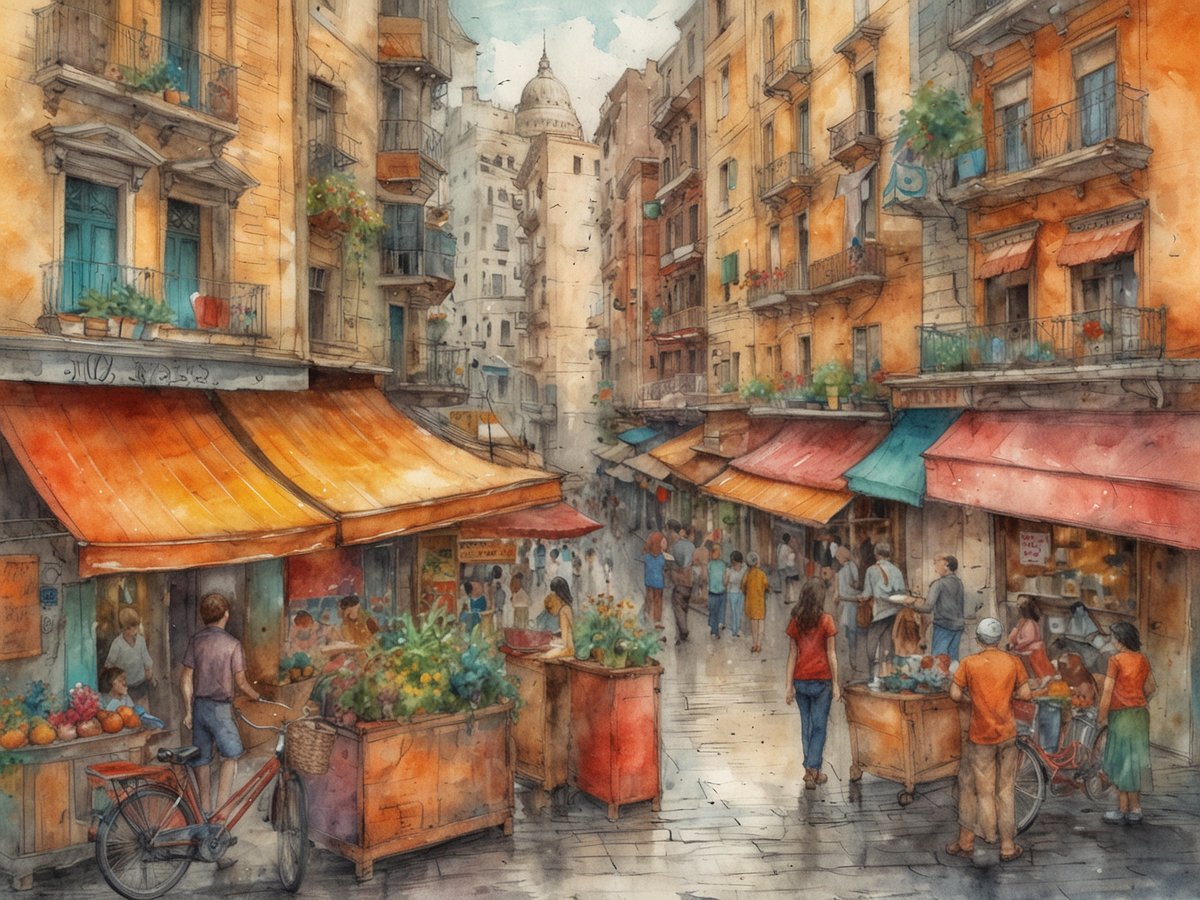 Eine belebte Straße in einer Stadt mit bunten Marktständen, die frisches Obst und Gemüse anbieten. Menschen schlendern durch die Gassen, einige sind in Gespräche vertieft oder schauen sich die Waren an. Die Architektur der Gebäude ist vielfältig und zeigt helle Farben mit Balkonen und Pflanzen. Über den Kopf der Passanten spannen sich Markisen in warmen Tönen. In der Ferne sind hohe Gebäude zu erkennen, die das Stadtbild prägen. Die Atmosphäre ist lebhaft und einladend, wodurch die Szene ein Gefühl von Gemeinschaft und städtischer Kultur vermittelt.