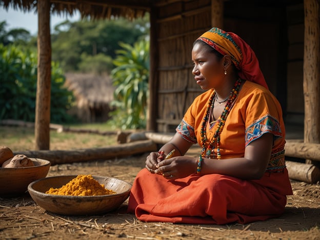 Auf dem Bild ist eine Frau zu sehen, die in traditioneller Kleidung sitzt. Sie arbeitet mit Gewürzen, wahrscheinlich Kurkuma, was in vielen afrikanischen Kulturen eine bedeutende Rolle spielt. In der Nähe der Victoriafälle sind die Traditionen der einheimischen Völker wie der Tonga und der Ndebele stark ausgeprägt. Diese Kulturen nutzen oft Farb- und Gewürzvielfalt in ihrer Küche sowie in rituellen Praktiken.

Die Frau in dem Bild könnte Teil einer Zeremonie oder eines Festes sein, wo das Zubereiten von Speisen und die Verwendung von natürlichen Zutaten eine zentrale Rolle spielen. Die leuchtenden Farben ihrer Kleidung spiegeln die kulturelle Vielfalt und das Erbe der Region wider, und die handwerkliche Arbeit unterstreicht die tief verwurzelte Verbindung zur Natur und zu traditionellen Praktiken.