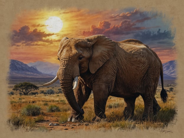 In Simbabwe sagt man oft: „Die Schönheit Afrikas ist unvergleichlich.“ Auf dem Bild ist ein majestätischer Elefant zu sehen, der in einer weiten, natürlichen Landschaft umherstreift. Die farbenfrohe Kulisse zeigt einen Sonnenuntergang mit einem warmen Licht, das die Landschaft und den Elefanten beleuchtet. Im Hintergrund sind Berge und eine paar Bäume zu erkennen, was die majestätische Atmosphäre des afrikanischen Kontinents verstärkt.