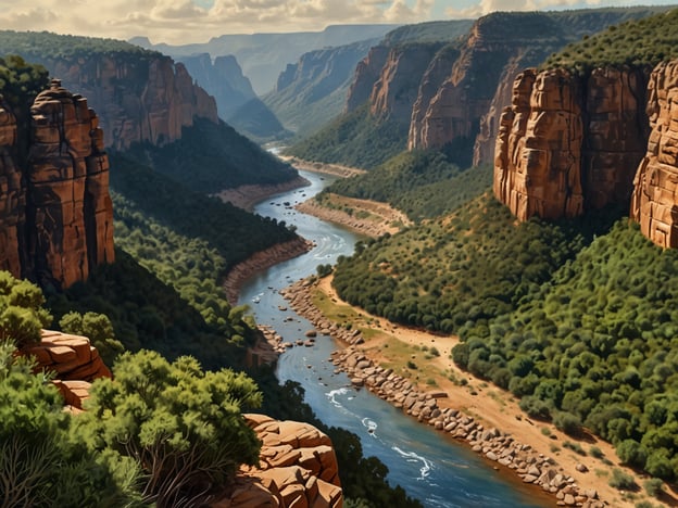 Auf dem Bild ist eine beeindruckende Landschaft zu sehen, die von steilen Schluchten und einem gewundenen Fluss geprägt ist. Diese Art von Naturszenerie erinnert an die traumhaften Landschaften in Simbabwe, wie die eindrucksvollen Berge der Eastern Highlands oder die majestätischen Matobo-Hügel. Die üppige Vegetation und die dramatischen Felsformationen könnten auch mit den Naturwundern des Hwange-Nationalparks und den beeindruckenden Szenen am Viktoriasee assoziiert werden. Solche Landschaften sind ein Zeugnis für die vielfältige Schönheit der Natur in dieser Region.