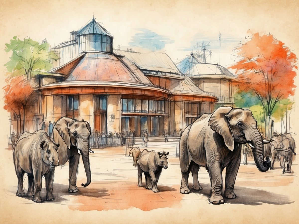 Im Tierpark Gera sind mehrere Elefanten zu sehen, die sich auf einem gepflasterten Platz vor einem modernen Gebäude bewegen. Ein kleineres Tier, möglicherweise ein Baby-Elefant, folgt einem der größeren Elefanten. Im Hintergrund stehen Menschen in einer Warteschlange, und es sind einige Bäume mit buntem Laub in verschiedenen Farben zu erkennen. Das Gebäude hat ein auffälliges Dach und große Fenster, die einen einladenden Eindruck vermitteln.