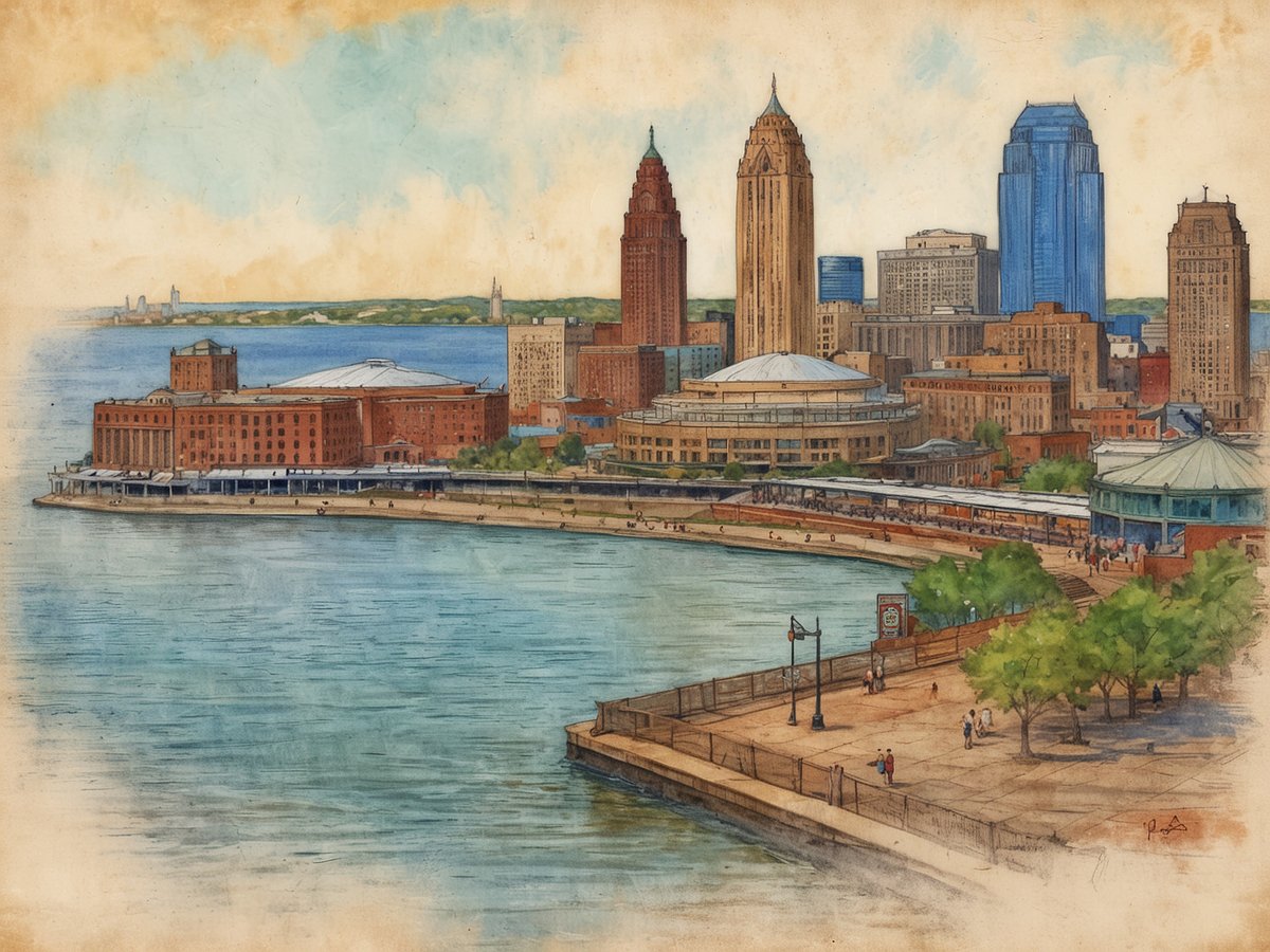 Die Darstellung zeigt eine malerische Ansicht der Küste von Cleveland am Erie-See. Im Vordergrund erstreckt sich eine Uferpromenade mit Spaziergängern und begrünten Bereichen. Mehrere historische und moderne Gebäude sind sichtbar, darunter markante Wolkenkratzer und ein Veranstaltungsgebäude mit einer großen Kuppel. Im Hintergrund erstreckt sich der glitzernde Erie-See bis zum Horizont. Der Himmel ist in sanften Farbtönen gehalten, was der Szene eine ruhige und einladende Atmosphäre verleiht.