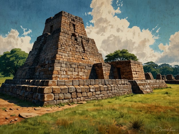 Das Bild zeigt eine imposante Steinstruktur, die an die Ruinen von Great Zimbabwe erinnern könnte. Great Zimbabwe ist eine historische Stätte und war das Zentrum eines mächtigen Königreichs, das vom 11. bis zum 15. Jahrhundert bestand. Die Ruinen sind bekannt für ihre beeindruckende Architektur aus Naturstein, ohne Mörtel, und sind ein Symbol für die Ingenieurskunst und den sozialen Organisierungsgrad der damaligen Bevölkerung.

Die Stätte war ein wichtiges Handelszentrum und spielte eine Schlüsselrolle im Austausch von Gold, Silber und anderen Waren, vor allem mit arabischen Händlern. Die Architektur, einschließlich der markanten Türme und Mauern, spiegelt die kulturelle Identität und den Reichtum der Gesellschaft wider, die einst dort lebte. Great Zimbabwe ist nicht nur ein bedeutendes archäologisches Erbe, sondern auch ein wichtiger Teil der nationalen Identität Simbabwes.