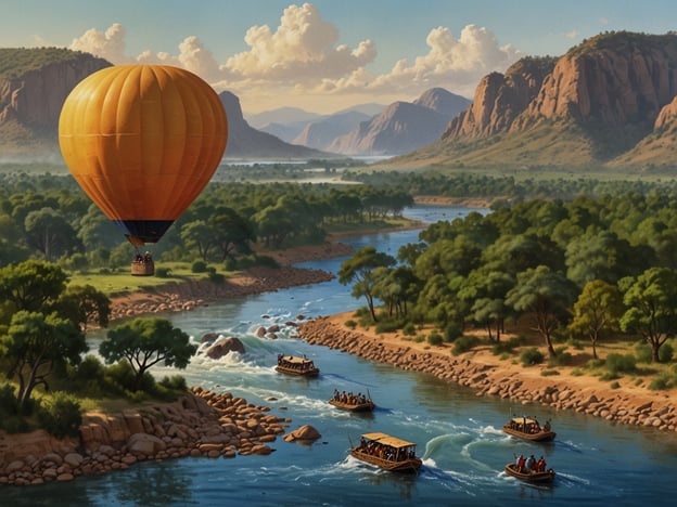 Auf dem Bild ist eine beeindruckende Landschaft zu sehen, in der ein heißluftballon über einem malerischen Fluss schwebt. Die Umgebung ist grün und hügelig, mit einer Vielzahl von Bäumen und Felsen. Im Wasser sind mehrere Boote zu sehen, die entspannt den Fluss hinunterfahren. 

Diese Szene vermittelt ein Gefühl von Abenteuer und Erkundung. Man könnte sich vorstellen, in einem dieser Boote eine gemütliche Flussfahrt zu unternehmen oder die Aussicht aus dem Ballon zu genießen und die Schönheit der Natur aus der Höhe zu bewundern. Es ist ein perfekter Ort für Aktivitäten wie das Ballonfahren oder eine Bootstour, um die Umgebung zu entdecken und die Ruhe der Natur zu erleben.