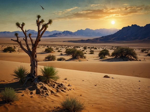 Auf dem Bild ist eine beeindruckende Szenerie der Namib-Wüste zu sehen. Diese Wüste ist ein faszinierendes Ökosystem, das durch ihre weiten Sanddünen, trockenes Terrain und besondere Pflanzen wie den Baum in der Mitte des Bildes geprägt ist. Die Landschaft wird von einem Sonnenuntergang erleuchtet, der warme Farben in den Himmel malt und die Konturen der umliegenden Berge betont. Solche Bilder spiegeln die einzigartige Schönheit und Ruhe der Namib-Wüste wider, die Heimat vieler spezialisierter Tier- und Pflanzenarten ist.