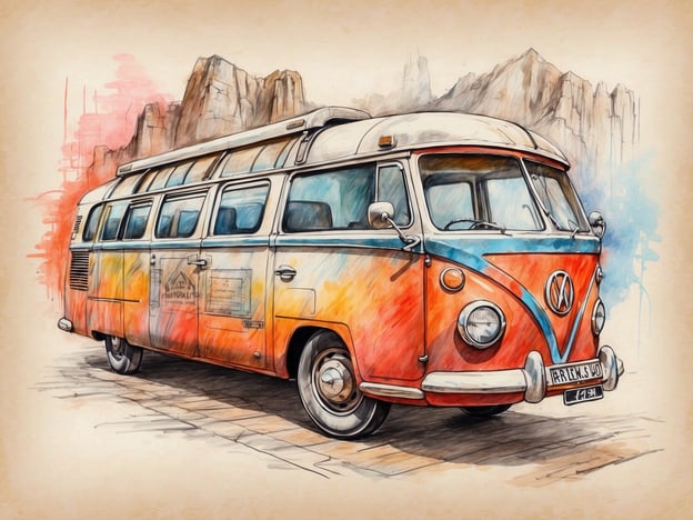 Auf dem Bild ist ein klassischer Volkswagen-Bus (VW-Bus) dargestellt, der in lebhaften Farben, hauptsächlich Orange und Blau, gestaltet ist. Der Bus ist ein ikonisches Fahrzeug, das oft mit Reisen und Camping in Verbindung gebracht wird. 

**Praktische Informationen für Besucher:**

1. **Fotografie**: Der VW-Bus ist ein beliebtes Motiv für Fotos, besonders in der Natur oder bei Festivalveranstaltungen. Überlege, wie du die Landschaft oder die Umgebung in dein Bild einbeziehen kannst.

2. **Reiseziele**: Wenn du einen solchen Bus besitzt oder mietest, eignen sich Roadtrips durch malerische Gegenden gut. Schau dir Nationalparks oder Küstenstraßen an, die sich perfekt für ein Abenteuer im Bus eignen.

3. **Mietoptionen**: Viele Städte bieten die Möglichkeit, VW-Busse für Wochenendtrips oder längere Reisen zu mieten. Informiere dich vorher über die Verfügbarkeit und Preise.

4. **Camping**: Achte darauf, dass du in Campingplätzen übernachtest, die für Wohnmobile und Vans geeignet sind. Viele Plätze legen Wert auf eine entspannte Atmosphäre, ideal für VW-Bus-Fans.

5. **Sicherheit**: Überprüfe vor der Fahrt die Basisfunktionen des Fahrzeugs, um sicherzustellen, dass alles reibungslos funktioniert. 

Viel Spaß beim Erkunden!