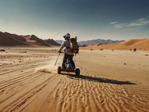 Auf dem Bild sieht man eine aufregende Aktivität in der Wüste Namibias: eine Person, die auf einem Sandboard oder einem ähnlichen Gefährt durch die Dünen fährt. Der Fahrer genießt die wunderschöne Landschaft und die Weite der Namib-Wüste, umgeben von hohen, rot-orangenen Sanddünen. Dies ist eine beliebte Aktivität für Abenteuerlustige, die den Nervenkitzel und die Schönheit der Natur erleben möchten. Aktivitäten wie Sandboarding oder Off-Road-Fahren sind typische Abenteuer, die Besucher in Namibia anziehen.