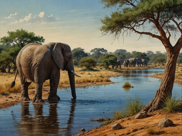 Auf dem Bild ist ein beeindruckendes Szenario aus der afrikanischen Natur zu sehen. Ein großer Elefant steht an einem Wasserlauf, während im Hintergrund weitere Elefanten durch die Savanne wandern. Die Landschaft ist geprägt von typischen Bäumen und Grasflächen, was an die beeindruckenden Nationalparks Afrikas erinnert, wie den Serengeti-Nationalpark oder den Amboseli-Nationalpark. Diese Gebiete sind bekannt für ihre reiche Tierwelt und atemberaubende Landschaften.