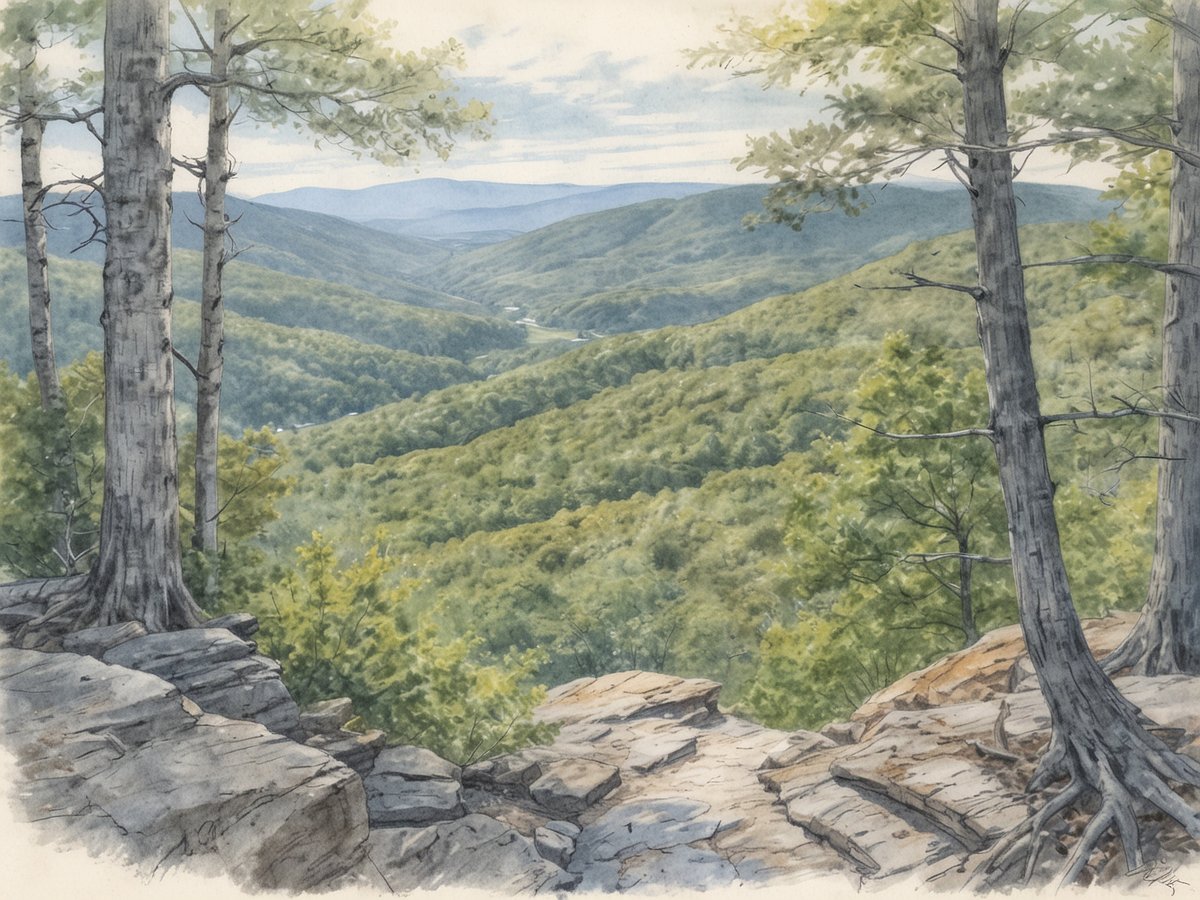 Eine malerische Aussicht über die sanften Hügel des Shenandoah Nationalparks, umgeben von üppigen Waldflächen in den Blue Ridge Mountains. Im Vordergrund sind Felsen und hohe Bäume zu sehen, die eine spektakuläre Kulisse für das grüne Tal bilden, das sich in der Ferne erstreckt. Das Licht der Sonne fällt durch die Wolken, wodurch eine friedliche und idyllische Stimmung entsteht, die die natürliche Schönheit der Umgebung unterstreicht.