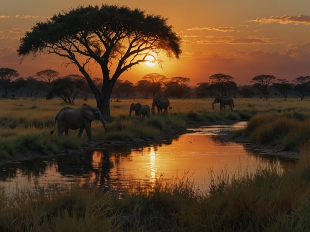 Auf dem Bild sieht man eine beeindruckende Szene in der afrikanischen Savanne. Im Vordergrund fließt ein ruhiger Fluss, der das warme Licht des Sonnenuntergangs reflektiert und eine malerische Atmosphäre schafft. Mehrere Elefanten stehen friedlich am Ufer des Flusses, während sie trinken und sich untereinander bewegen. Im Hintergrund sind sanfte Hügel und Bäume silhouettiert, die das Bild zusätzlich romantisch machen. Die goldenen Gräser umgeben die Tiere und verstärken das Gefühl von Freiheit und Naturverbundenheit. Es ist ein eindrucksvolles Erlebnis, die Elefanten in dieser schönen Umgebung zu beobachten.