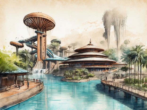 Auf dem Bild ist eine künstlerische Darstellung eines Wasserparks zu sehen, die an den Siam Park erinnert. Der Siam Park, eröffnet im Jahr 2008 in Teneriffa, ist bekannt für seine thailändische Architektur und eine Vielzahl aufregender Wasserrutschen. Die Bildkomposition zeigt große Wasserrutschen, die von einer imposanten Struktur ausgehen, umgeben von tropischer Vegetation und einem blauen Wasserlauf. Dieser Park ist berühmt für seine naturnahe Gestaltung und zieht Besucher aus aller Welt an, die Abenteuer und Entspannung suchen. Die Architektur und Landschaftsgestaltung spiegeln die Themen von Thailand wider, was zum besonderen Flair des Parks beiträgt.