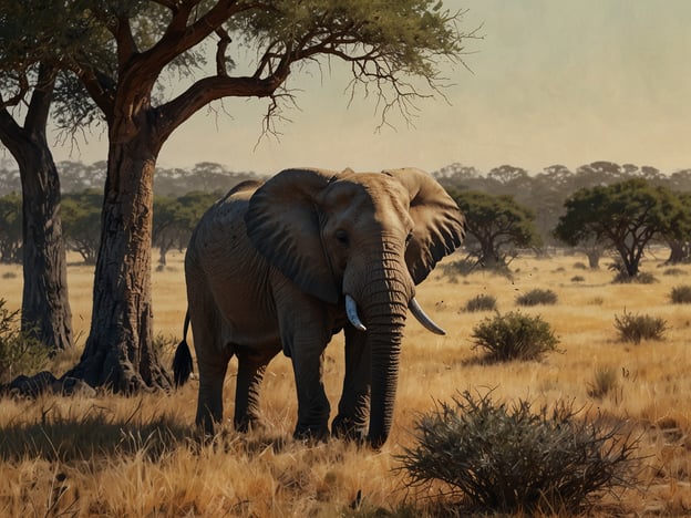 Auf dem Bild ist ein majestätischer Elefant in einer weiten savannengleichen Landschaft zu sehen. Diese Szenerie könnte typischerweise im Kruger Nationalpark in Südafrika vorkommen, wo Elefanten häufig in ihrem natürlichen Lebensraum anzutreffen sind. Die Umgebung zeigt hohe Gräser, vereinzelte Bäume und einen klaren Himmel, was die natürliche Schönheit des Parks betont.