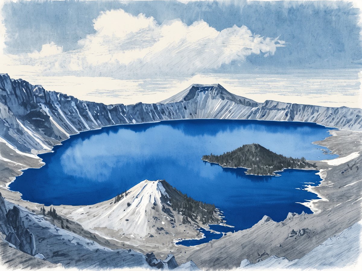 Ein tiefblauer Kratersee ist umgeben von beeindruckenden Vulkanlandschaften und steilen, felsigen Uferlinien. Im See liegen kleine, bewaldete Inseln, während die umliegenden Berge von schneebedeckten Gipfeln geprägt sind. Der Himmel ist teilweise bewölkt, was das Licht sanft reflektiert und die Szenerie in ein ruhiges Licht taucht. Die gesamte Landschaft vermittelt ein Gefühl von Erhabenheit und natürlicher Schönheit im Crater Lake Nationalpark.