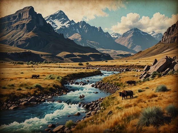 Auf dem Bild sind majestätische Berge und eine lebhafte Landschaft mit einem Fluss zu sehen. Um das Abenteuer im Königreich im Himmel zu erleben, könnten die Besucher aufregende Wanderungen durch die atemberaubende Gebirgslandschaft unternehmen, sich im Fluss erfrischen oder mit einem Kanu die Wellen zu bezwingen. Außerdem könnte man Reitausflüge durch die weiten Graslandschaften planen und die Freiheit und Schönheit der Natur genießen. Ein weiteres Abenteuer könnte das Erkunden abgelegener Höhlen und schroffer Felsen sein, um die Geheimnisse des Königreichs zu entdecken.