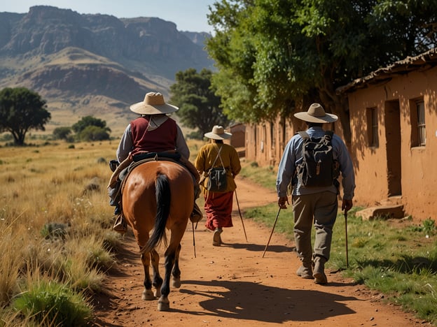 Auf dem Bild sind mehrere Personen zu sehen, die auf einem schmalen Weg wandern. Eine Person reitet auf einem Pferd, während die anderen zu Fuß unterwegs sind. Die Umgebung scheint ländlich und von Bergen umgeben zu sein, mit Häusern entlang des Weges.

### Praktische Reisetipps für deinen Besuch:

1. **Ausrüstung**: Trage bequeme Wanderschuhe und wetterfeste Kleidung. Ein Hut bietet Schutz vor der Sonne.

2. **Wasser und Snacks**: Stelle sicher, dass du ausreichend Wasser und Snacks dabei hast, besonders wenn du längere Strecken wanderst.

3. **Respektiere die Natur**: Halte die Umgebung sauber und achte darauf, keine Pflanzen oder Tiere zu stören.

4. **Lokale Kultur**: Informiere dich über die lokale Kultur und Bräuche, um respektvoll zu interagieren und mehr über die Region zu erfahren.

5. **Kamera**: Vergiss nicht, deine Kamera einzupacken, um die beeindruckenden Landschaften festzuhalten!

6. **Sicherheit**: Wandere in Gruppen und informiere dich über die Wanderrouten, um dich nicht zu verlaufen.

Viel Spaß bei deinem Besuch!