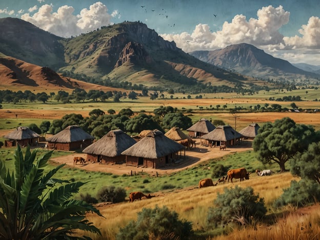 Auf dem Bild ist eine ländliche Landschaft, die vermutlich in Swasiland (Eswatini) dargestellt ist. Man sieht traditionelle Hütten mit Strohdächern, die von einer grünen, hügeligen Umgebung umgeben sind. Im Vordergrund grasen einige Kühe, und im Hintergrund erheben sich majestätische Berge unter einem klaren Himmel mit wenigen Wolken. Diese Sehenswürdigkeiten spiegeln die natürliche Schönheit und die ländliche Lebensweise, die in dieser Region typisch sind.