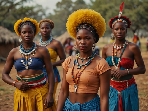 Auf dem Bild sind mehrere Frauen in traditioneller swasiländischer Kleidung zu sehen. Sie tragen lebendige Farben wie Blau, Orange und Gelb, die oft mit festlichen Anlässen in der swasiländischen Kultur assoziiert werden. 

Die Frauen sind mit prächtigen Schmuckstücken verziert, darunter Halsketten und Ohrringe, die in dieser Kultur eine wichtige Rolle spielen und oft aus Materialien wie Perlen und Metall gefertigt sind. 

Ihre Frisuren sind ebenfalls auffällig, was die Bedeutung von Haar und Stil in der Tradition unterstreicht. Solche Darstellungen könnten Teil eines kulturellen Festes oder einer Zeremonie sein, die die Geschichte, Identität und den Gemeinschaftsgeist der swasiländischen Menschen feiern.